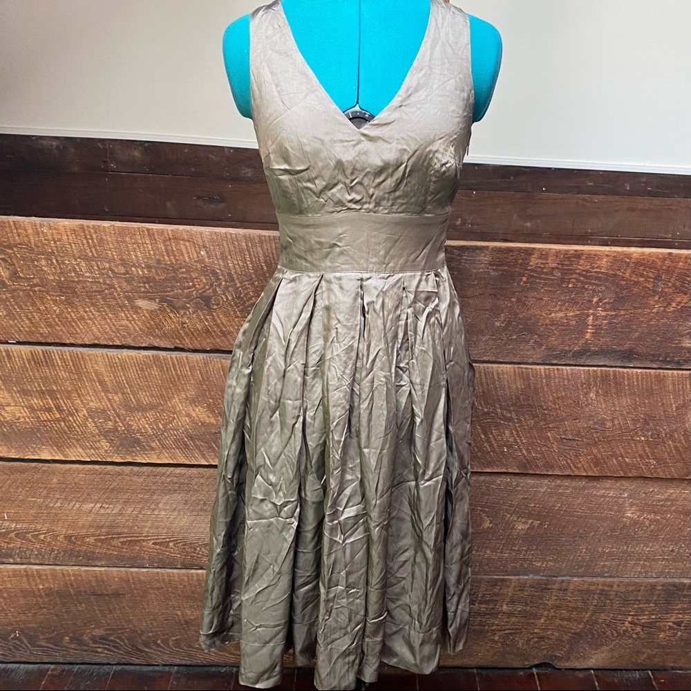 Martin + Osa Silky Retro Bronze Sleeveless Pleated Fit & Flare 50’s Dress